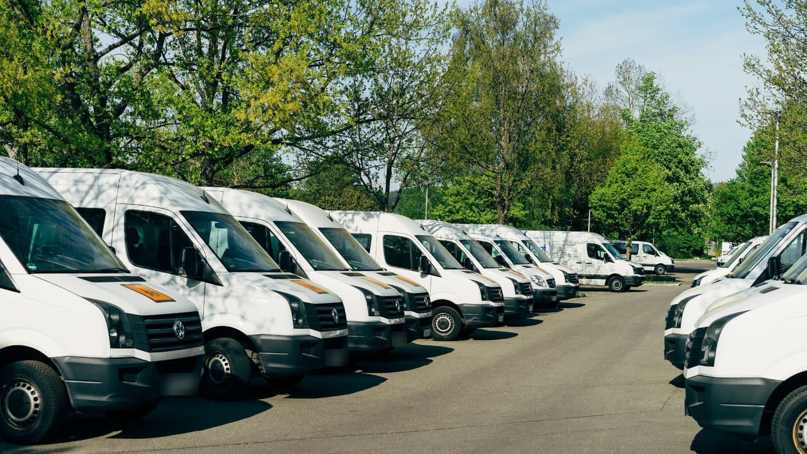 A row of white delivery vans parked in Mössingen, Germany